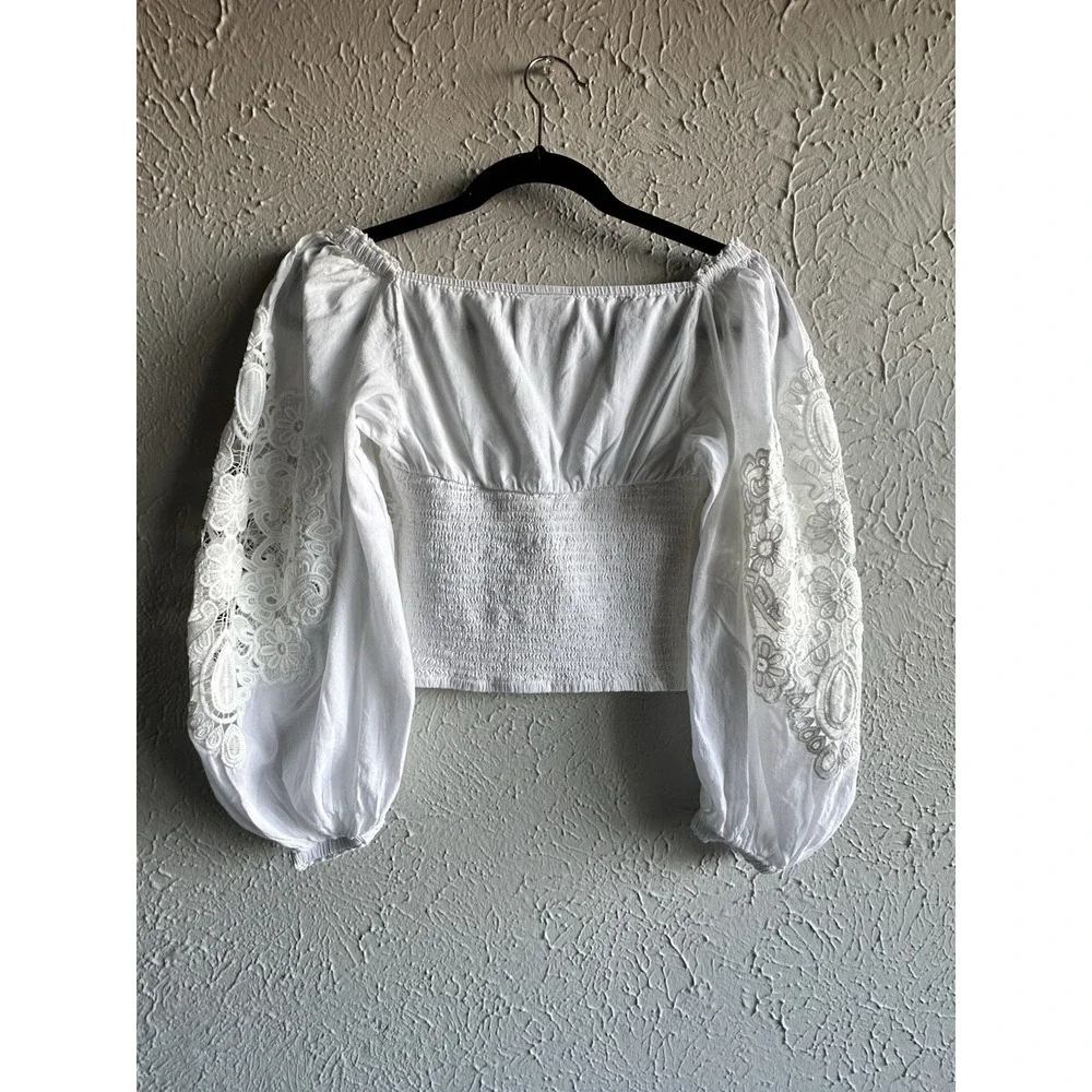 FARM Rio White Embroidered Guipure Lace 3/4 Puff Sleeve Crop Top XS